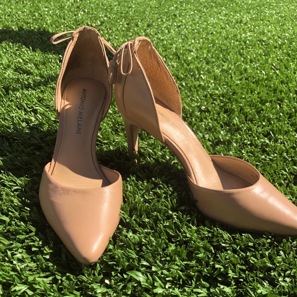 Antonio Melani pointed toe nude heels.